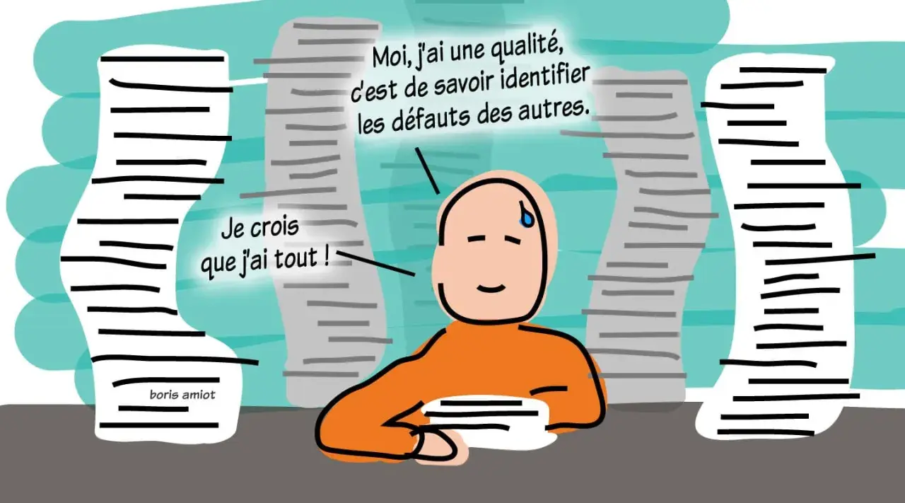Un homme dit : "Je crois que j'ai tout !" tout en identifiant les défauts des autres, un exemple des inconvénients du modal.