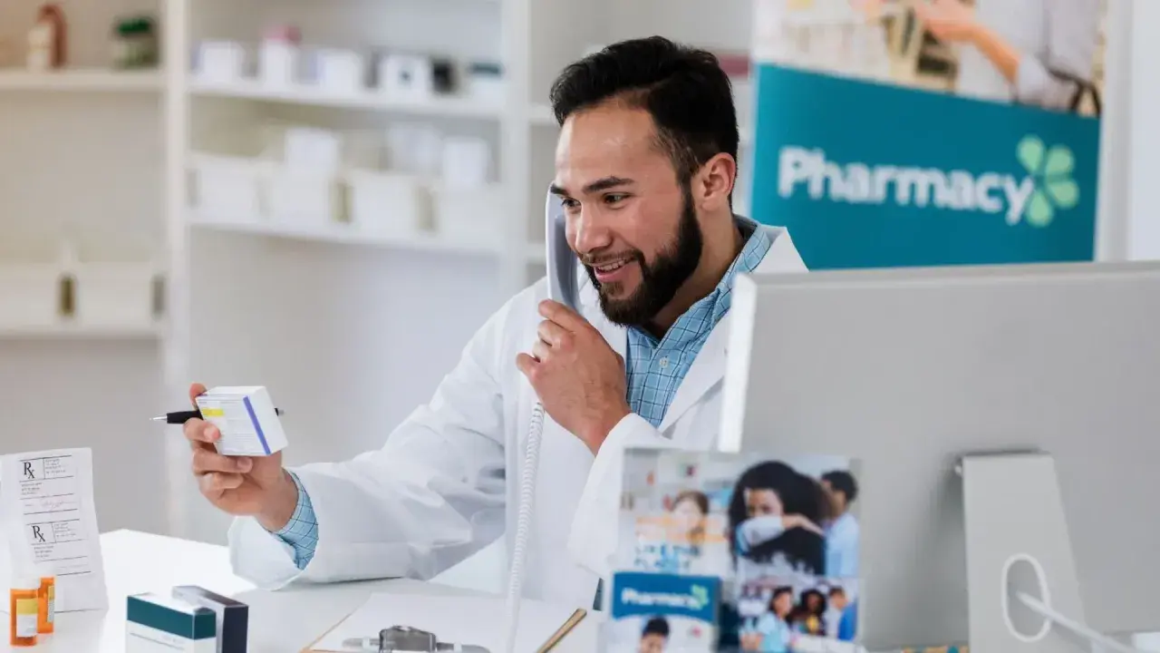 Uśmiechnięty farmaceuta rozmawia przez telefon, trzymając pudełko leku. Zastanawia się, ile zarabia farmaceuta, pracując w aptece.
