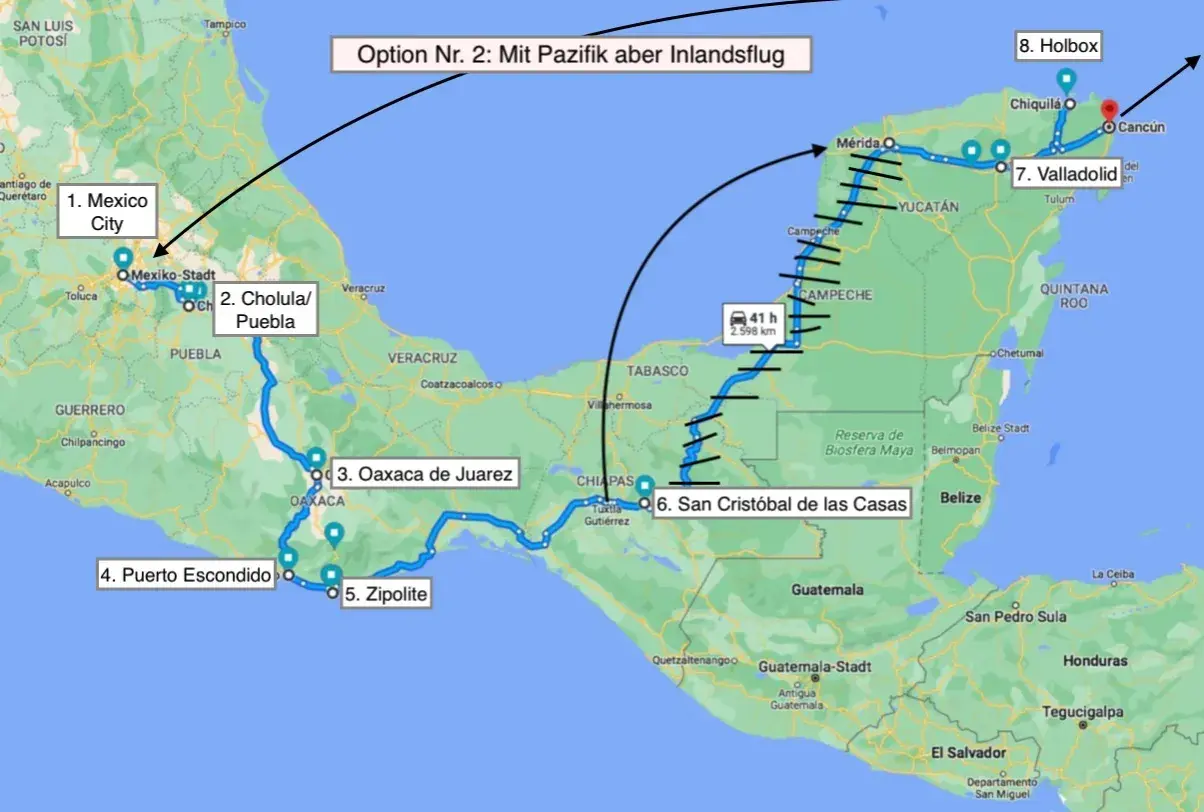 Reiseroute für Backpacking in Mexiko: Von Mexiko-Stadt über Oaxaca und Chiapas bis Yucatán.