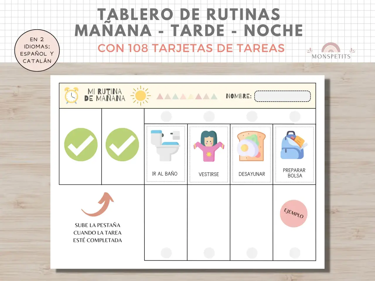 Un tablero de hábitos para rutinas diarias, con iconos para ir al baño, vestirse, desayunar y preparar la bolsa. Incluye un espacio para el nombre y una indicación para subir una pestaña al completar tareas.