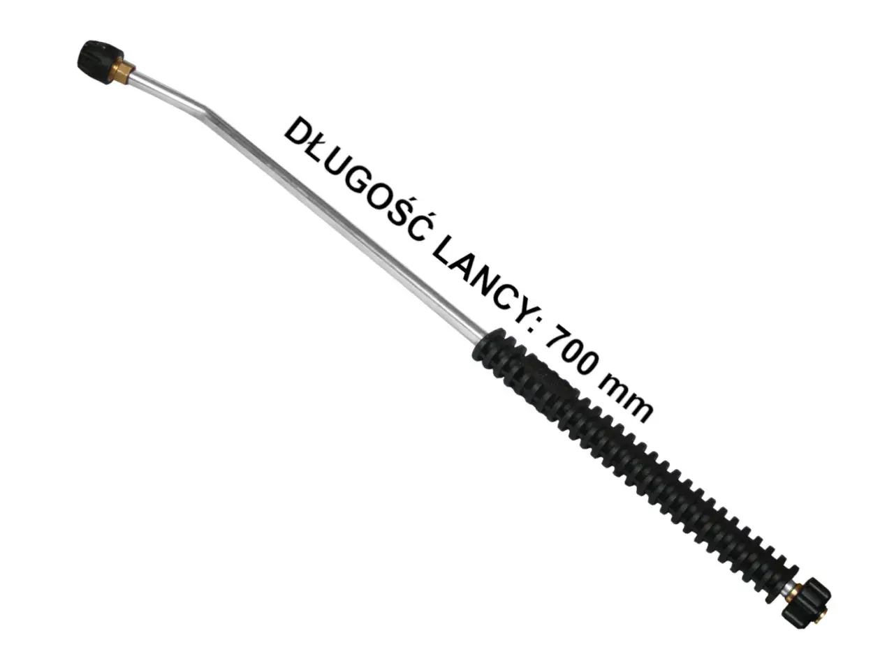 Metalowa lanca do myjki ciśnieniowej, długość 700 mm, z czarną, antypoślizgową rękojeścią.