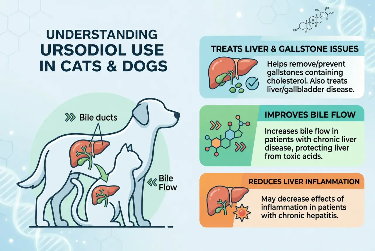 Infographic on ursodiol for dogs and cats, detailing its use in treating liver/gallstone issues, improving bile flow, and reducing liver inflammation.