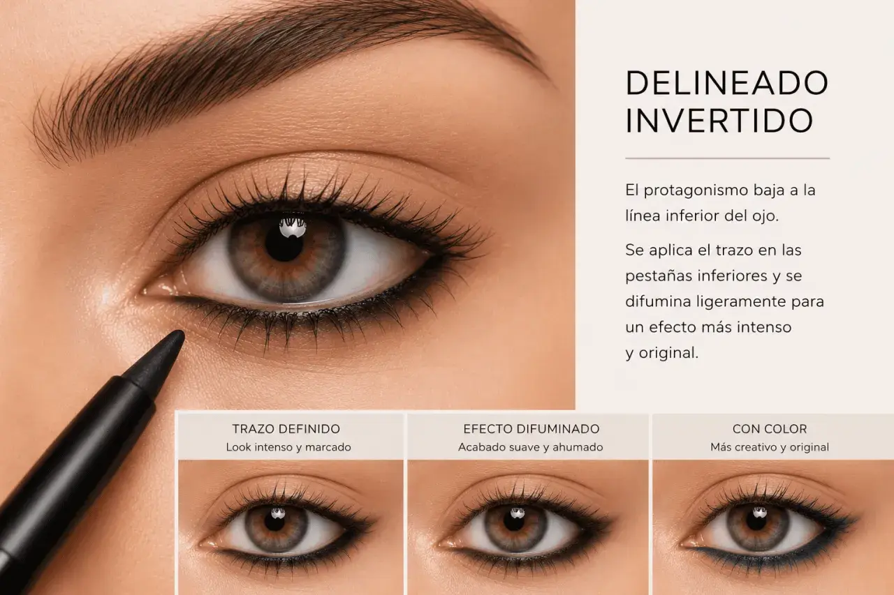 Ojo con delineado invertido aplicado en la línea inferior, mostrando diferentes acabados: definido, difuminado y con color.