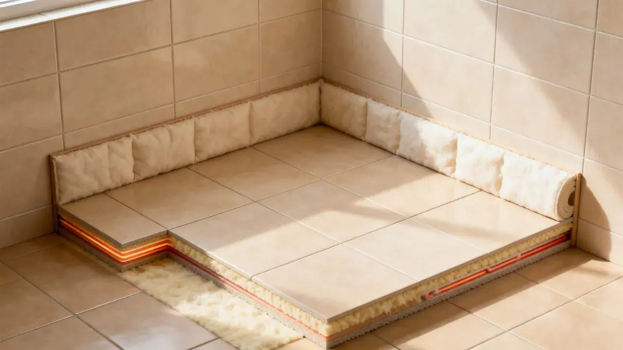 Coupe d'un sol carrelé montrant l'isolation sous carrelage avec un système de chauffage intégré, pour un confort optimal.