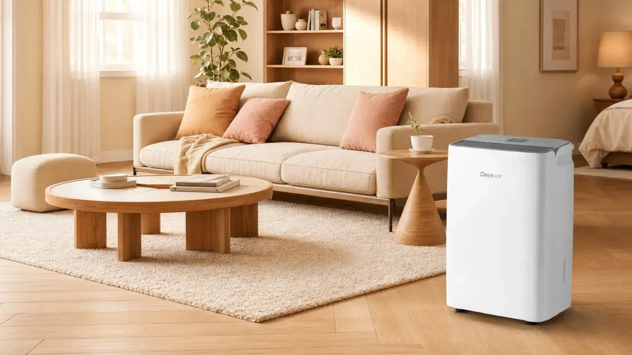 Un deshumidificador blanco Deye en una sala de estar moderna, junto a un sofá y mesa de centro. Aprende como usar deshumidificador para un hogar más confortable.