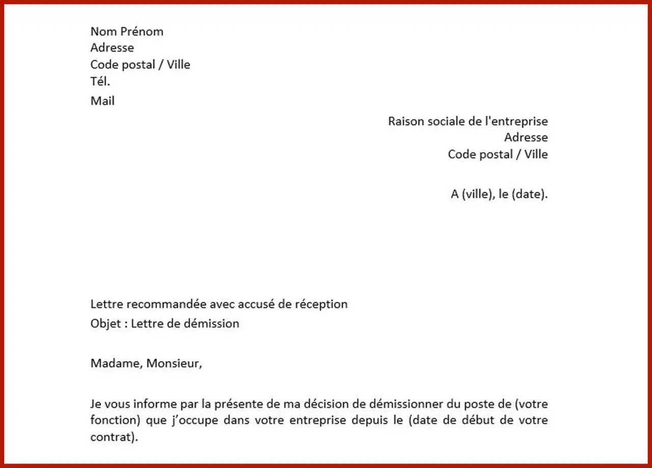 Exemple de lettre de démission. Ce document officiel, envoyé en recommandé, annonce la décision de quitter son poste.