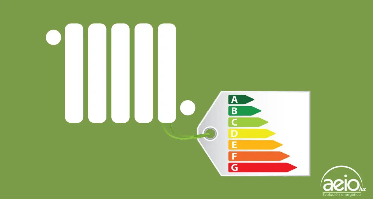 Radiador blanco con etiqueta de eficiencia energética. Aprende a programar calefacción para ahorrar.