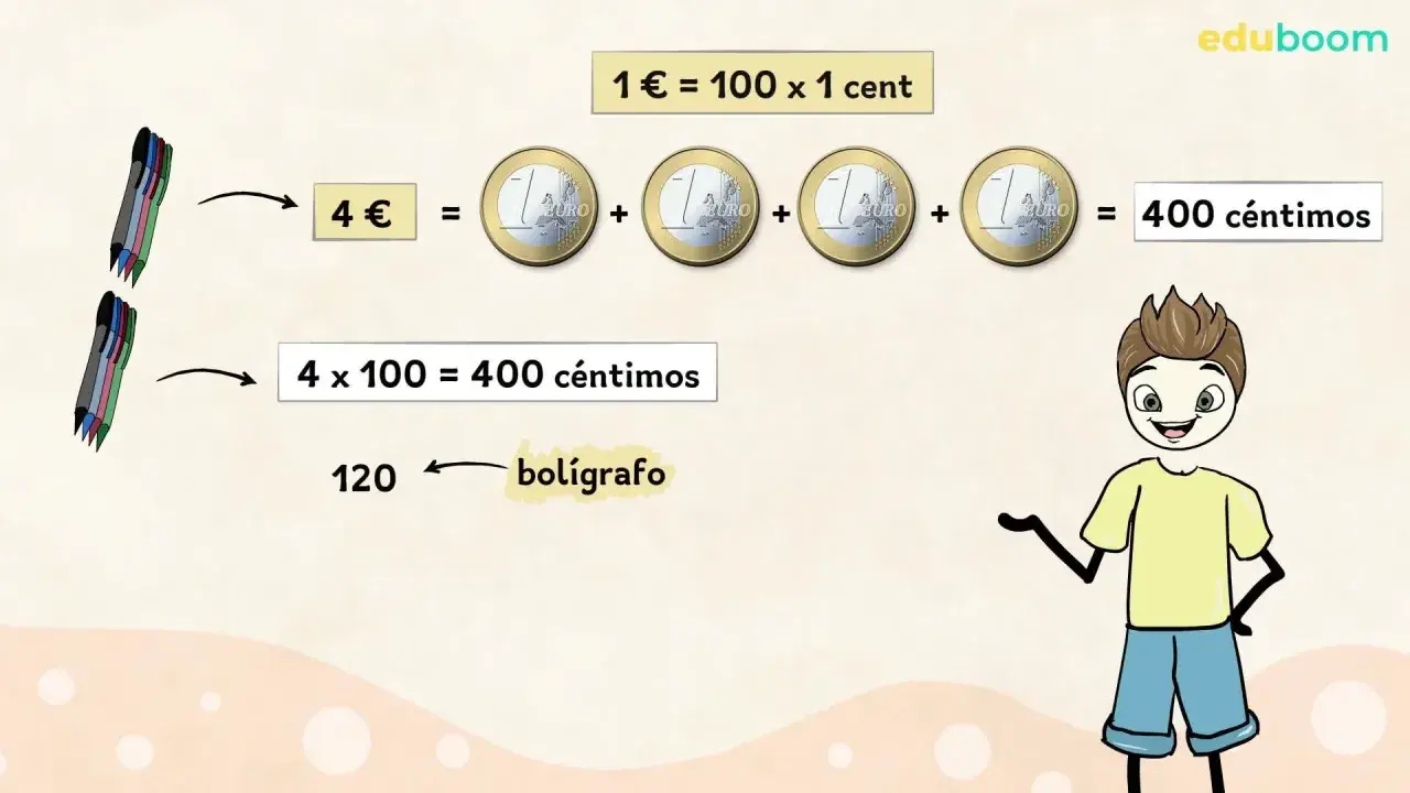 Un niño resuelve problemas de dinero de 3 primaria: 4 euros son 400 céntimos.