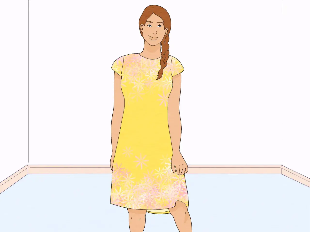 A woman in a yellow floral dress, ready to learn how to line a dress.