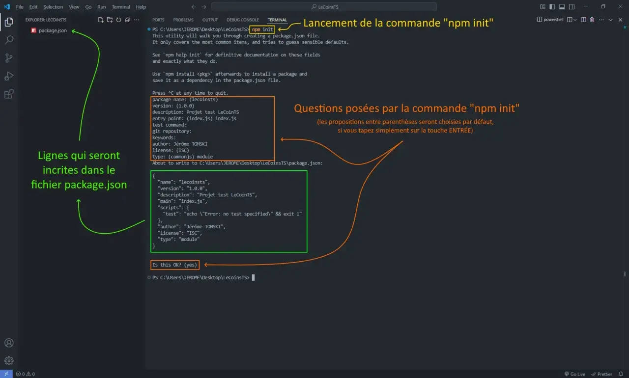 Exemple de `npm init` : le terminal pose des questions pour créer `package.json`. Les réponses sont affichées, puis le contenu final du fichier.