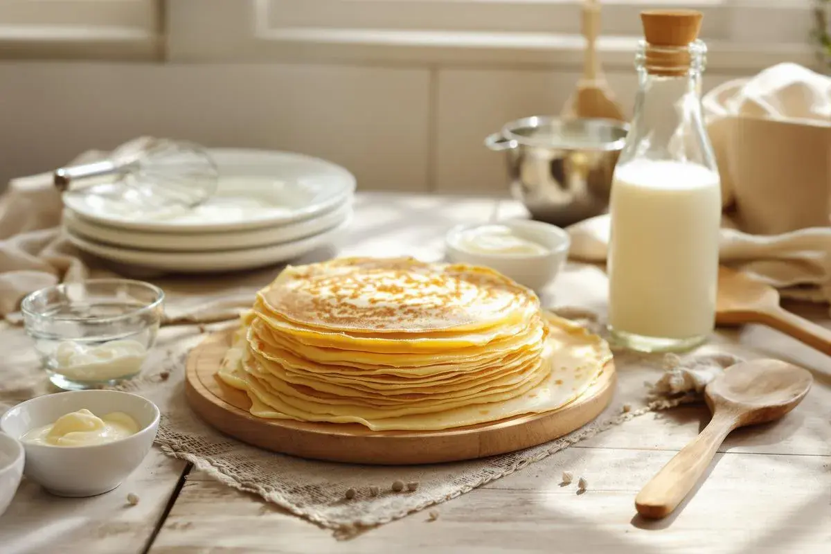 Une pile de crêpes dorées, prêtes à être dégustées. La recette crepe moelleuse est à portée de main avec le lait, la crème et les ustensiles disposés autour.