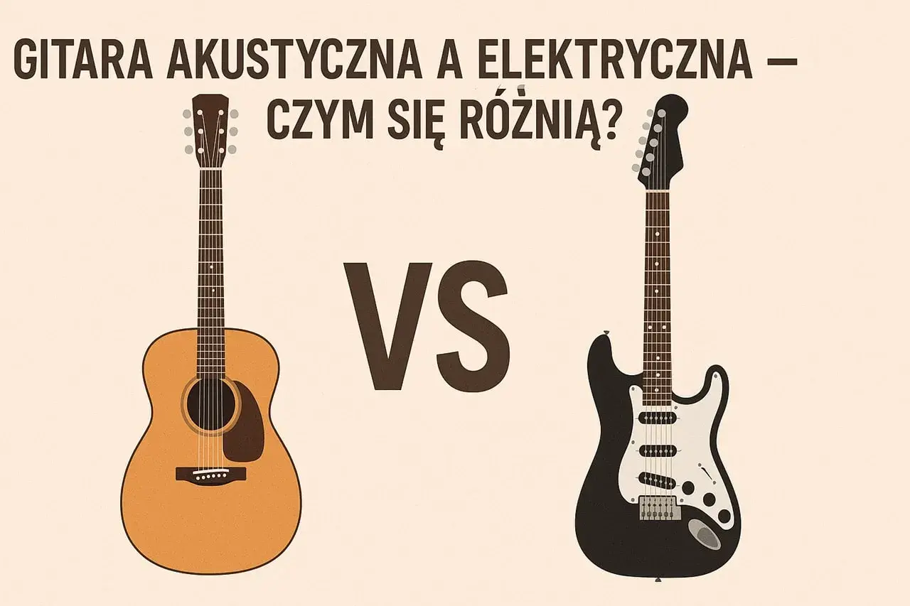Jak wygląda gitara akustyczna (brązowa) i elektryczna (czarna) obok siebie, z napisem "VS" pośrodku.