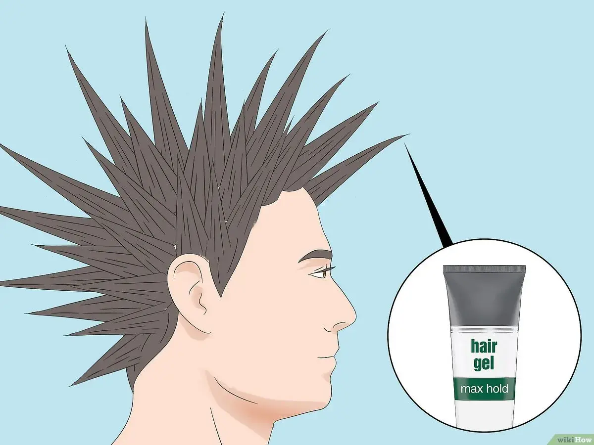 Un hombre con un peinado mohicano en pico, con puntas afiladas hacia arriba. Un círculo muestra un tubo de gel para el cabello de fijación máxima.