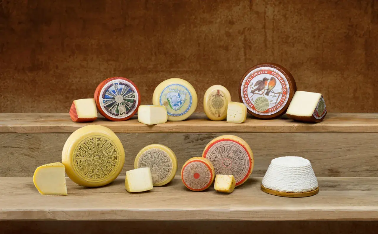 Varietà di formaggi spalmabili per dolci, disposti su assi di legno. Alcuni sono interi, altri tagliati a spicchi.