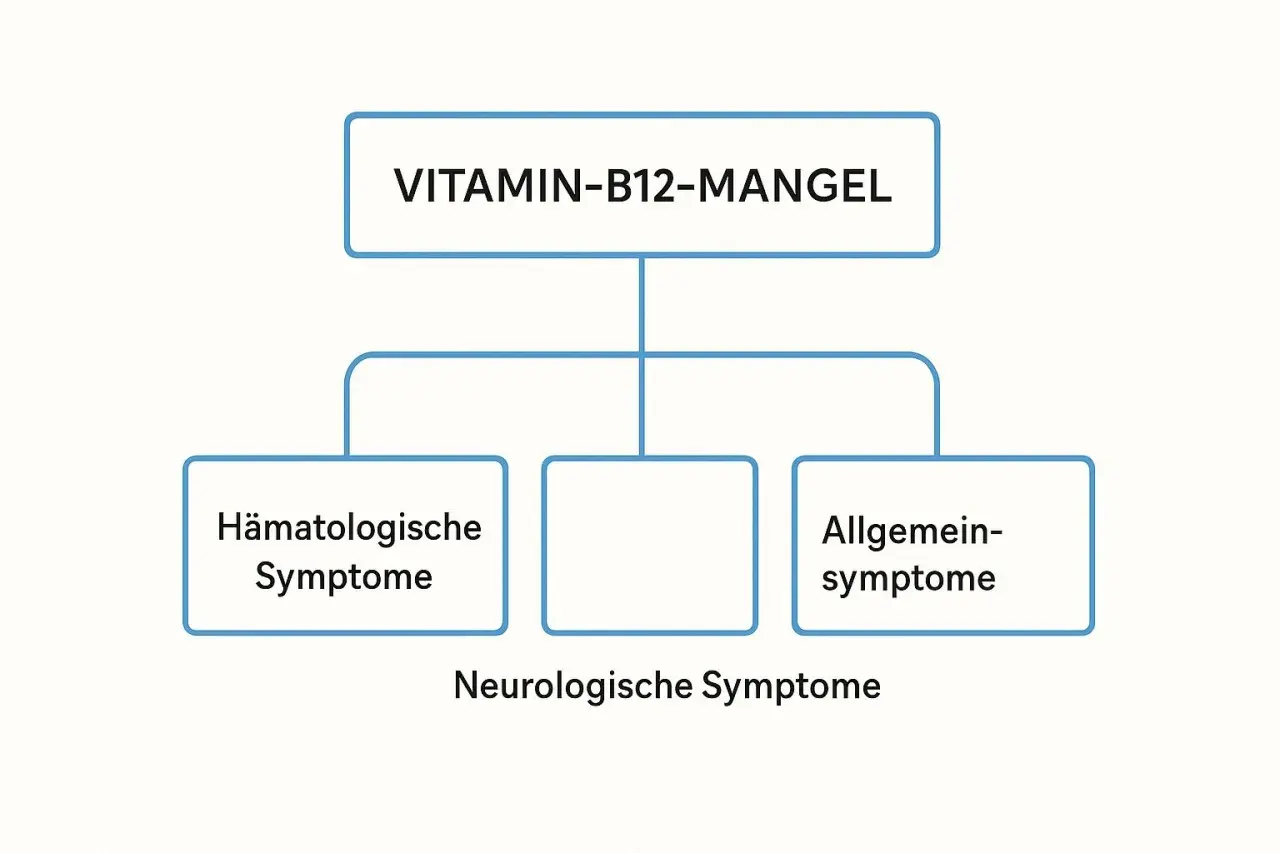 Diagram toont symptomen van vitamine B12-tekort: hematologische, algemene en neurologische. Dit vitamine B12-tekort wordt vaak onderschat.