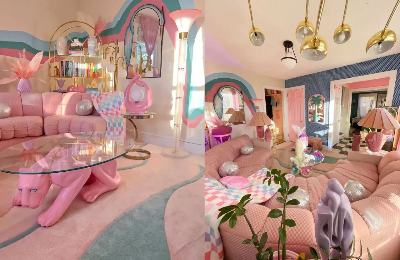 A vibrant living room embracing pastel maximalism with pink tufted sofas, a panther coffee table, and a rainbow mural.