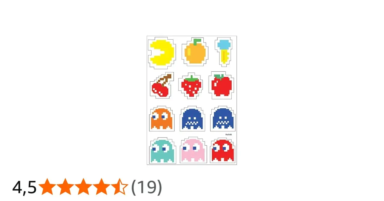 Pegatinas pixeladas de comecocos y fantasmas, ideales para aprender las tablas de multiplicar jugando.