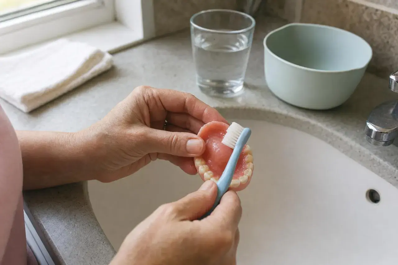 Mani che puliscono una dentiera con uno spazzolino azzurro. Impara come lavare la dentiera per mantenerla igienica.