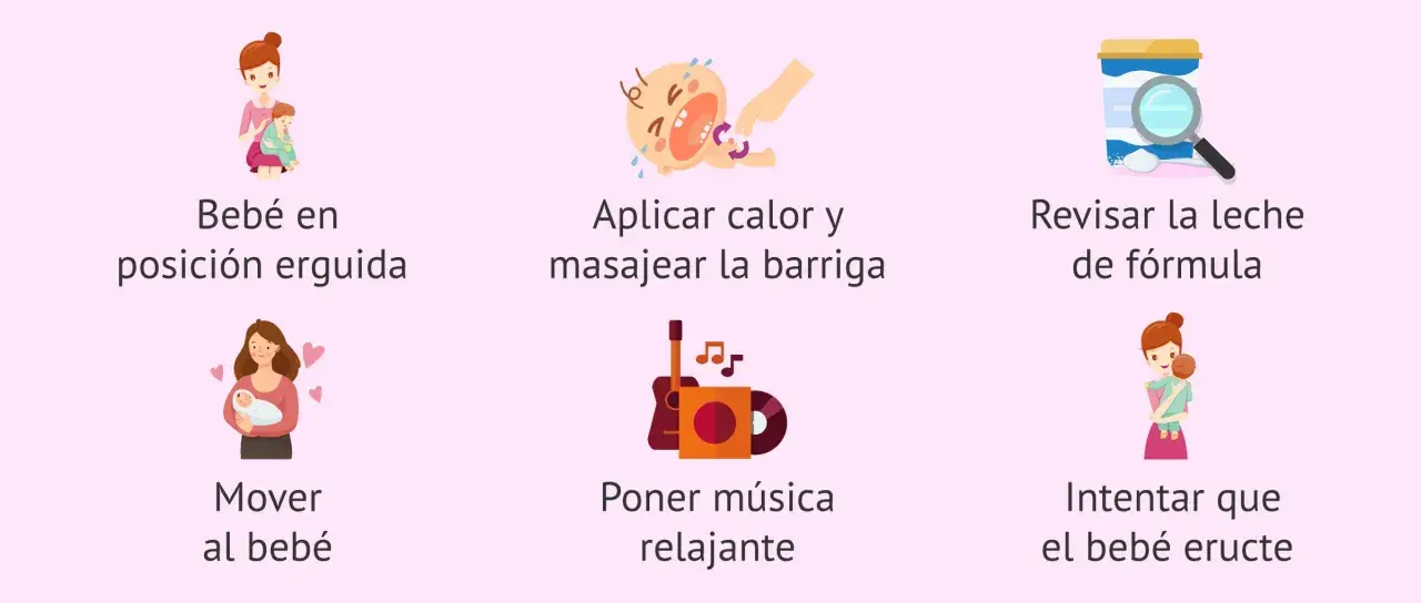 Consejos para aliviar el cólico de gases: bebé erguido, masajes, revisar fórmula, moverlo, música y hacerlo eructar.