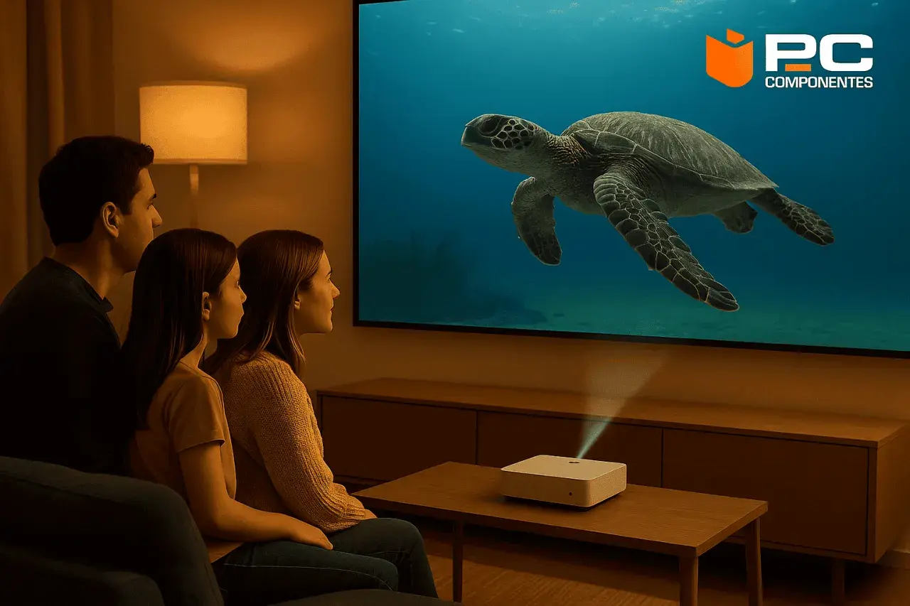 Una famiglia guarda un documentario sulle tartarughe marine proiettato da un dispositivo che spiega cosa sono i proiettori di profondità.