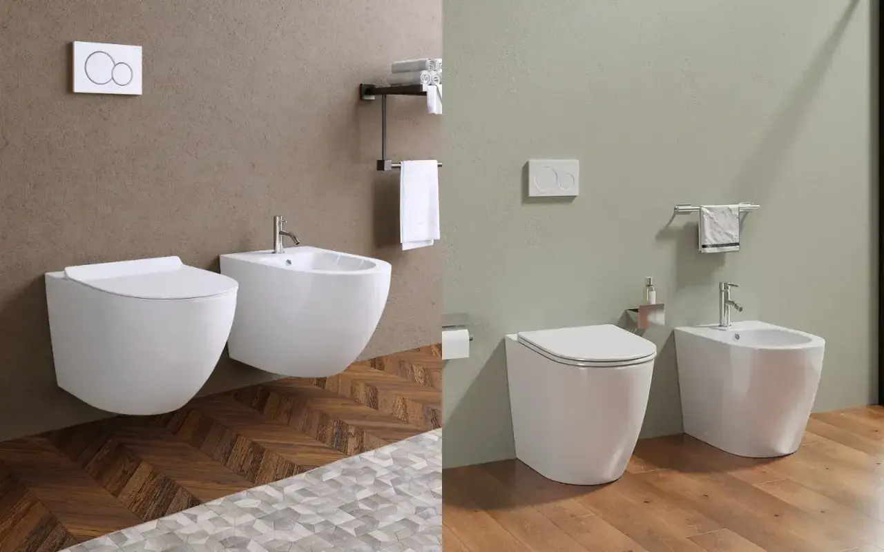 Due bagni moderni con WC e bidet sospesi. Nessun problema di scarico wc a parete visibile, solo design pulito.
