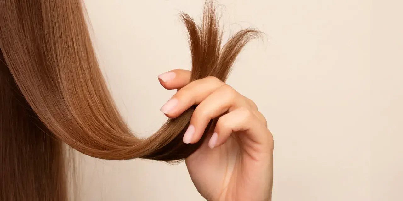Mano sujetando mechón de cabello castaño con puntas abiertas, mostrando la necesidad de saber como reparar puntas abiertas para un cabello sano.