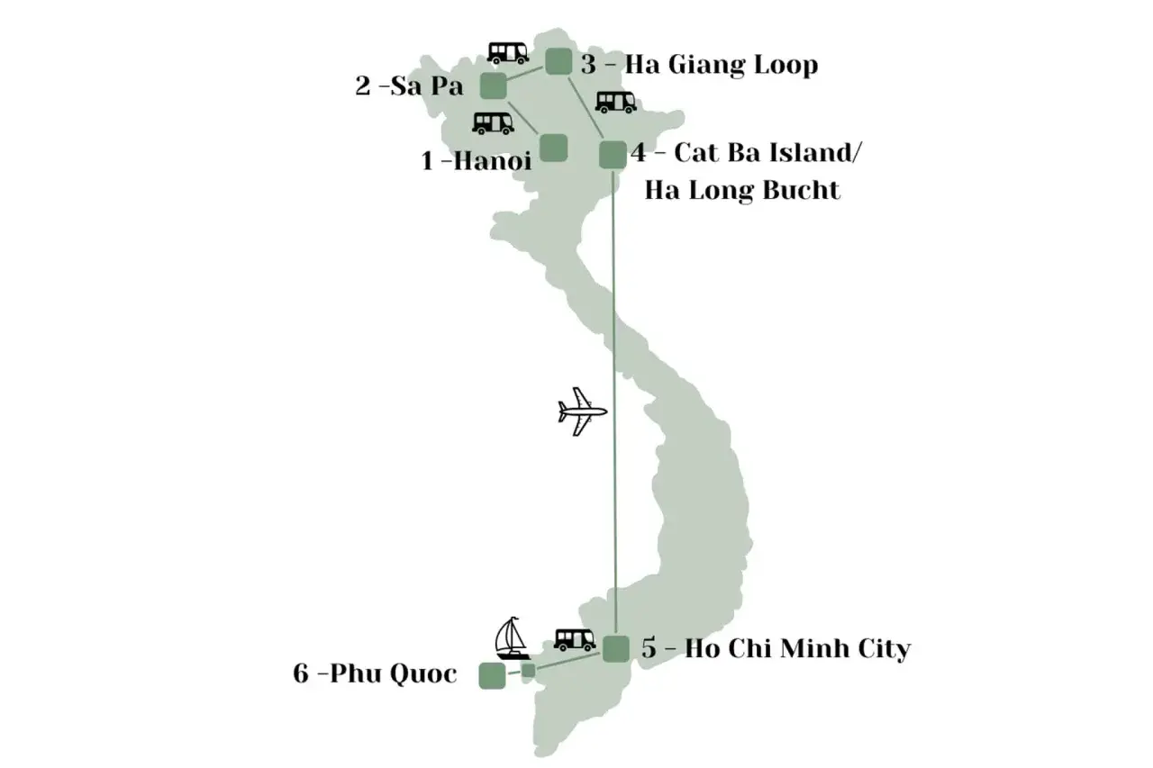 Reiseroute durch Vietnam: Hanoi, Sa Pa, Ha Giang Loop, Cat Ba Island/Ha Long Bucht, Ho Chi Minh City & Phu Quoc. Highlights einer unvergesslichen Reise.
