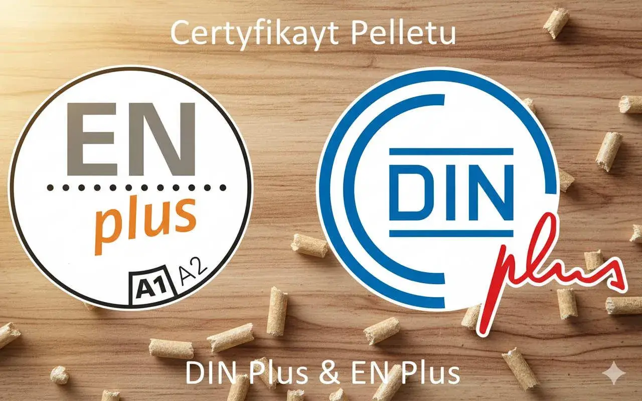 Certyfikat pelletu DIN Plus i EN Plus. Dwa okręgi z napisami "EN plus" i "DIN plus" na drewnianym tle, otoczone pelletem.