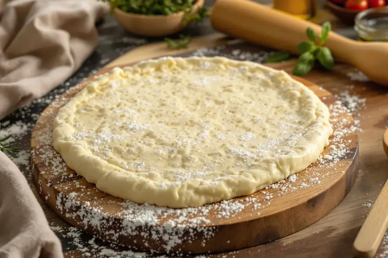 Pâte à pizza levure fraîche prête à être garnie, saupoudrée de farine sur une planche en bois.