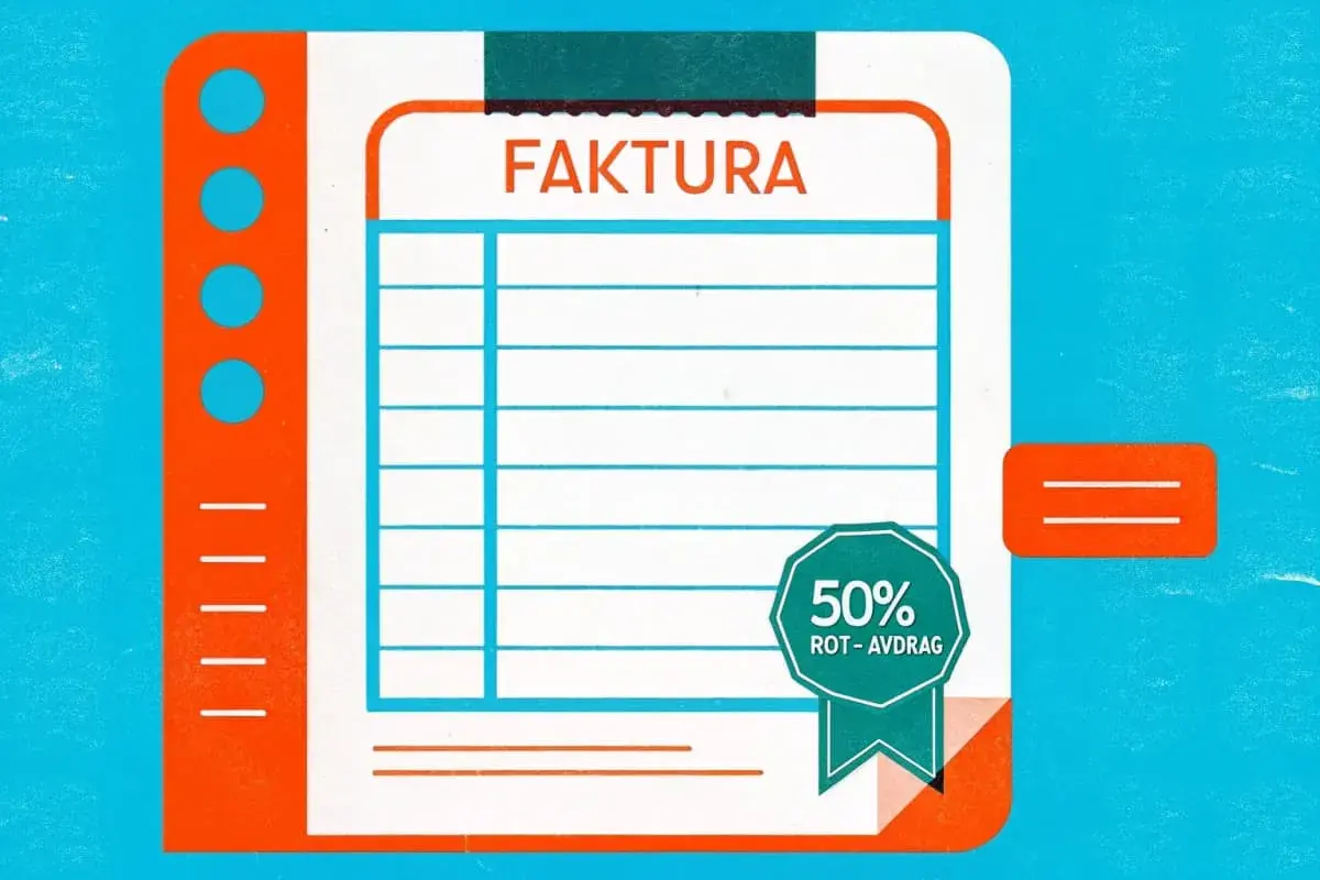 En stiliserad faktura med texten "FAKTURA" och en ruta för 50% ROT-avdrag. Ett perfekt faktura exempel för hantverkare.