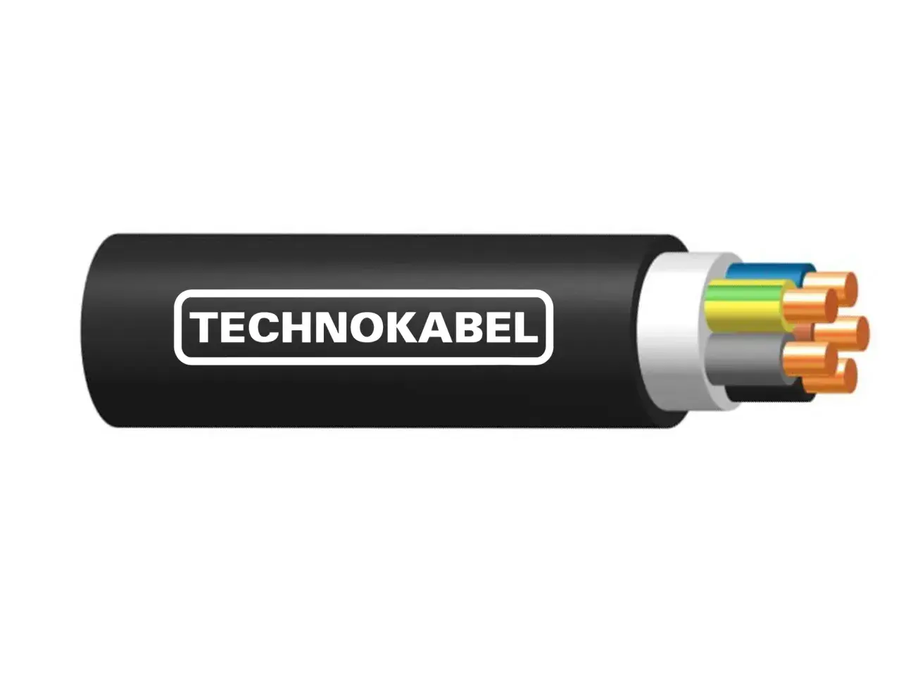 Przekrój kabla TECHNOKABEL z widocznymi żyłami w izolacjach: brązowej, niebieskiej, żółto-zielonej i szarej.