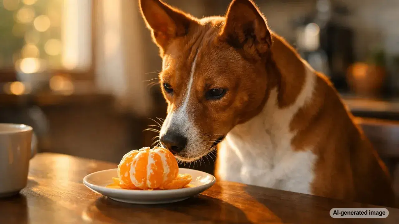 A curious dog sniffs a peeled orange on a plate, wondering if dogs eat oranges.