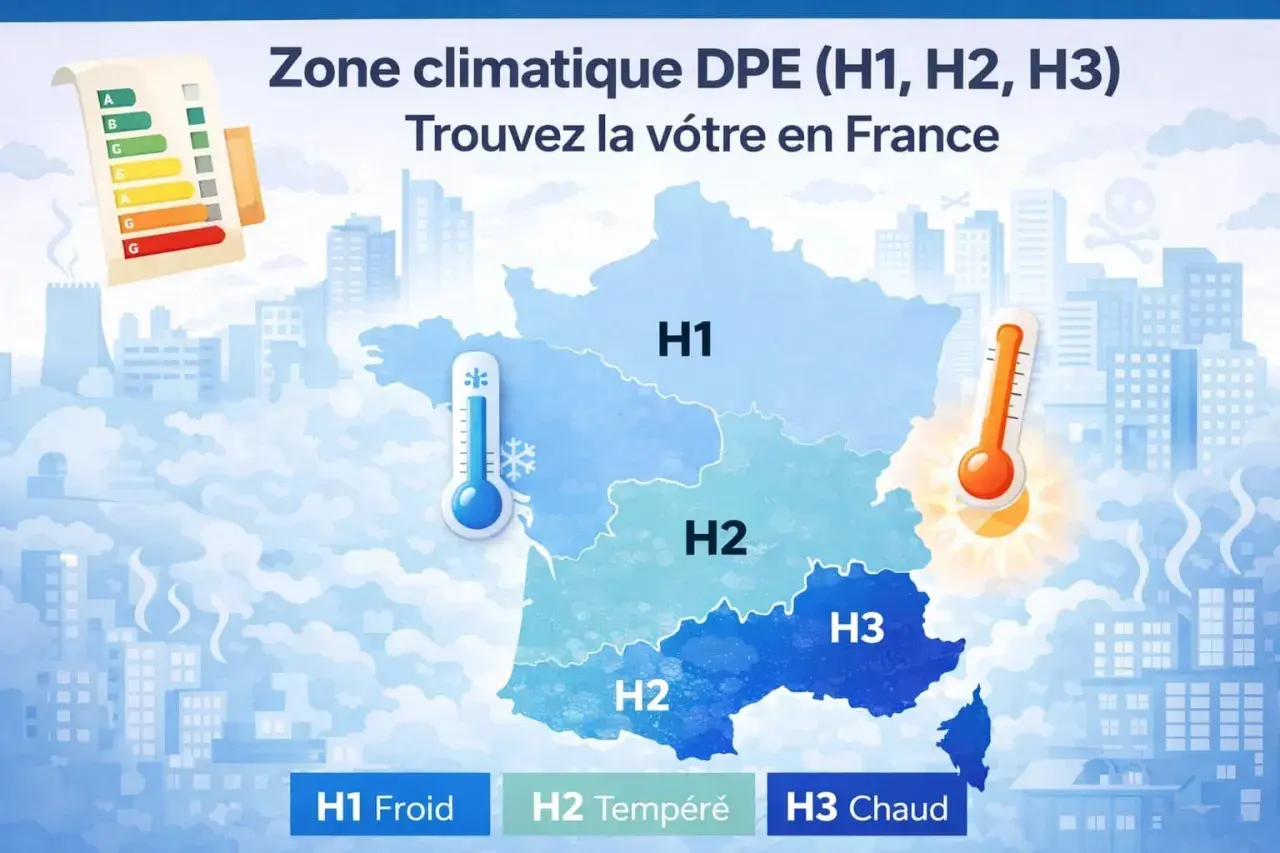 Carte de France divisée en zones climatiques DPE : H1 (Froid), H2 (Tempéré) et H3 (Chaud).
