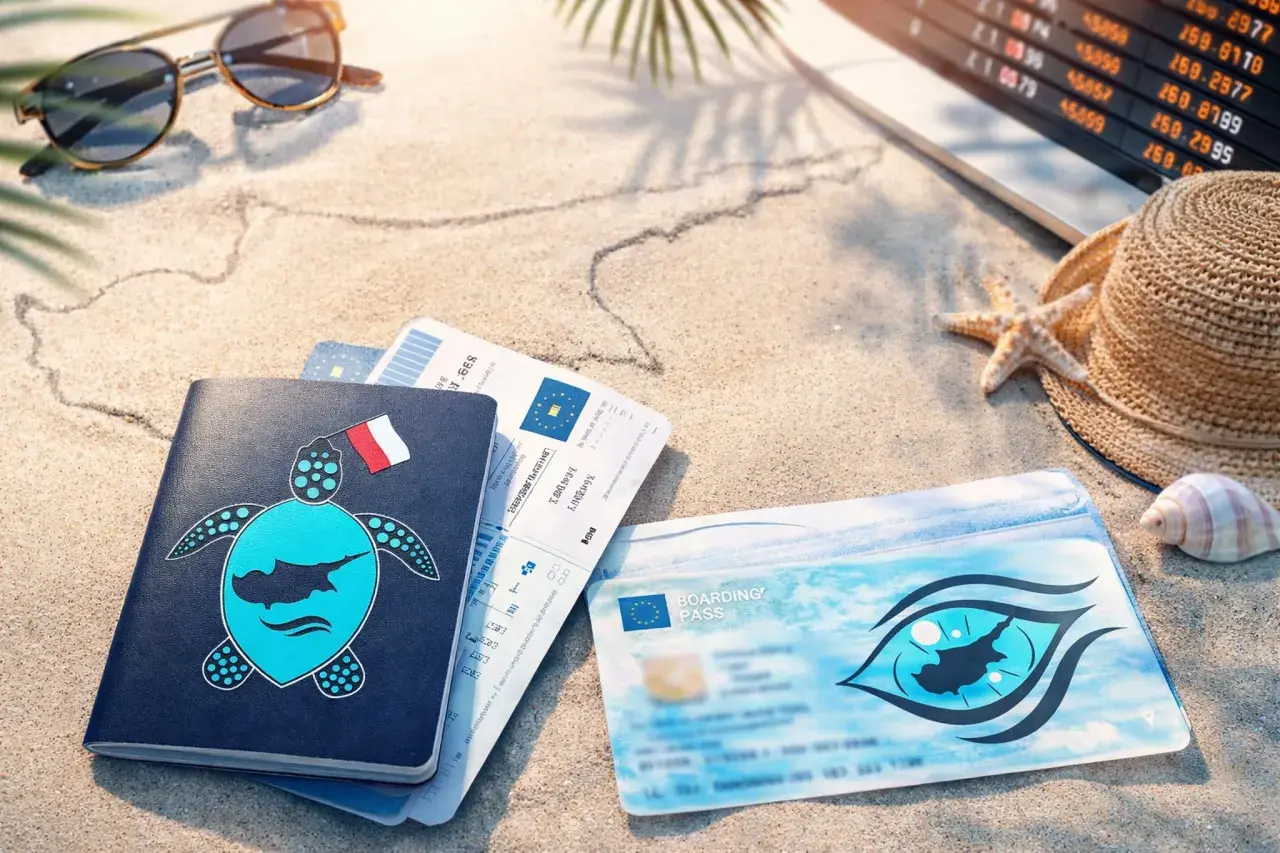 Paszport z motywem żółwia i flagą Polski, bilety lotnicze i karta pokładowa na tle plaży. Czy na Cypr potrzebny jest paszport? Tak, dla obywateli spoza UE.