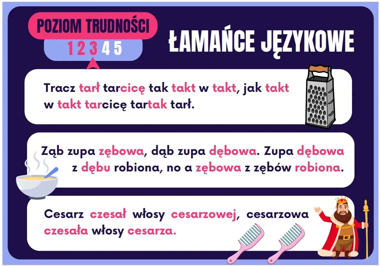 Ilustracja z łamańcami językowymi: tarka, miska zupy, król i grzebienie.
