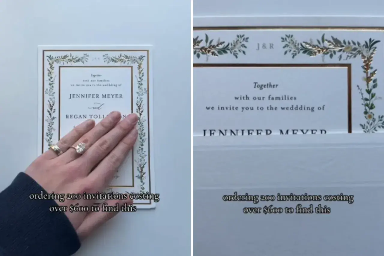 Eleganckie zaproszenia ślubne z motywem roślinnym. Dwie ręce pokazują detale wypisywania zaproszeń, podkreślając ich koszt.
