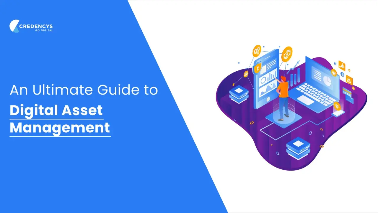 Guide ultime sur la gestion des actifs numériques, avec une illustration isométrique montrant des appareils connectés et des icônes de données.