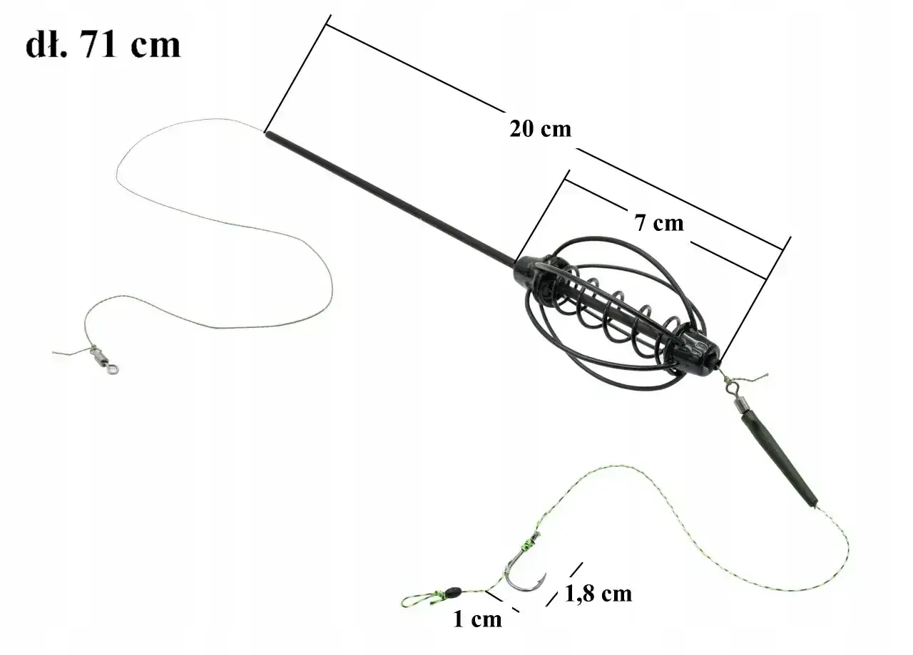 Akcesoria do metody gruntowej: koszyczek zanętowy (7 cm), obciążenie (20 cm), żyłka (71 cm), haczyk (1,8 cm) i krętlik (1 cm). Idealne, by zrobić wędkę na grunt.