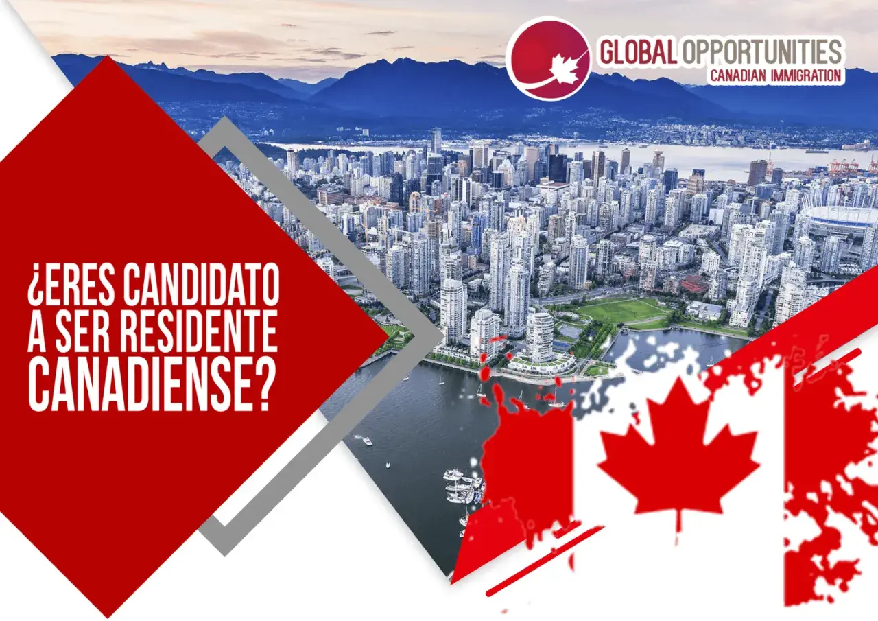 ¿Sueñas con trabajar en Canadá? Imagen de Vancouver con la bandera canadiense y texto sobre inmigración.