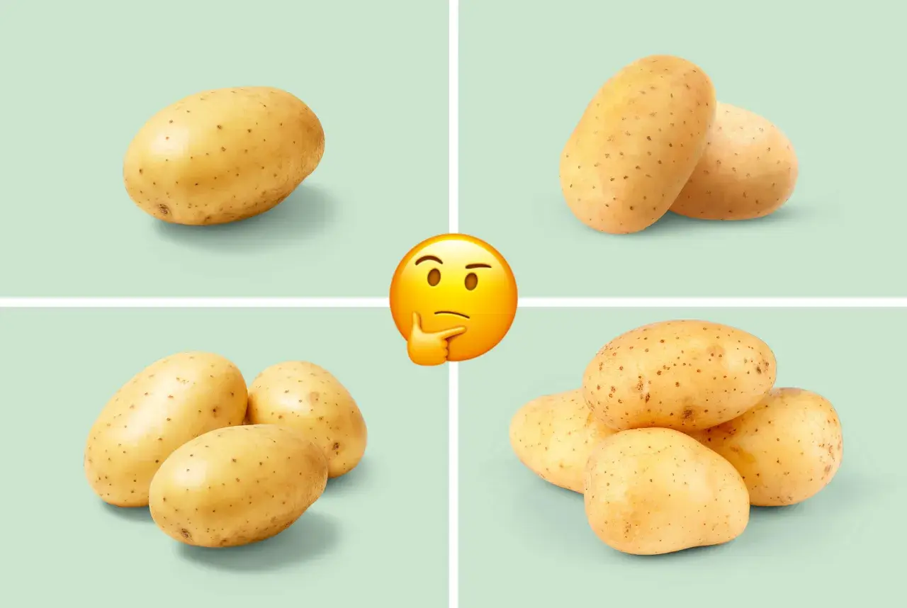 En tankfull emoji funderar på hur mycket potatis per person som behövs. Fyra bilder visar olika mängder potatis.