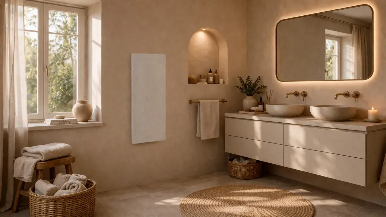 Baño moderno con lavabos dobles, espejo iluminado y radiador blanco. El calculo calefaccion es clave para este ambiente acogedor.