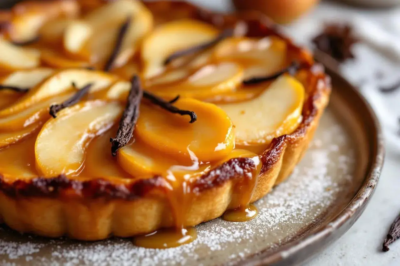 Tarte Tatin aux poires caramélisées, nappée d'une sauce onctueuse et décorée de gousses de vanille. Un délice visuel et gustatif.