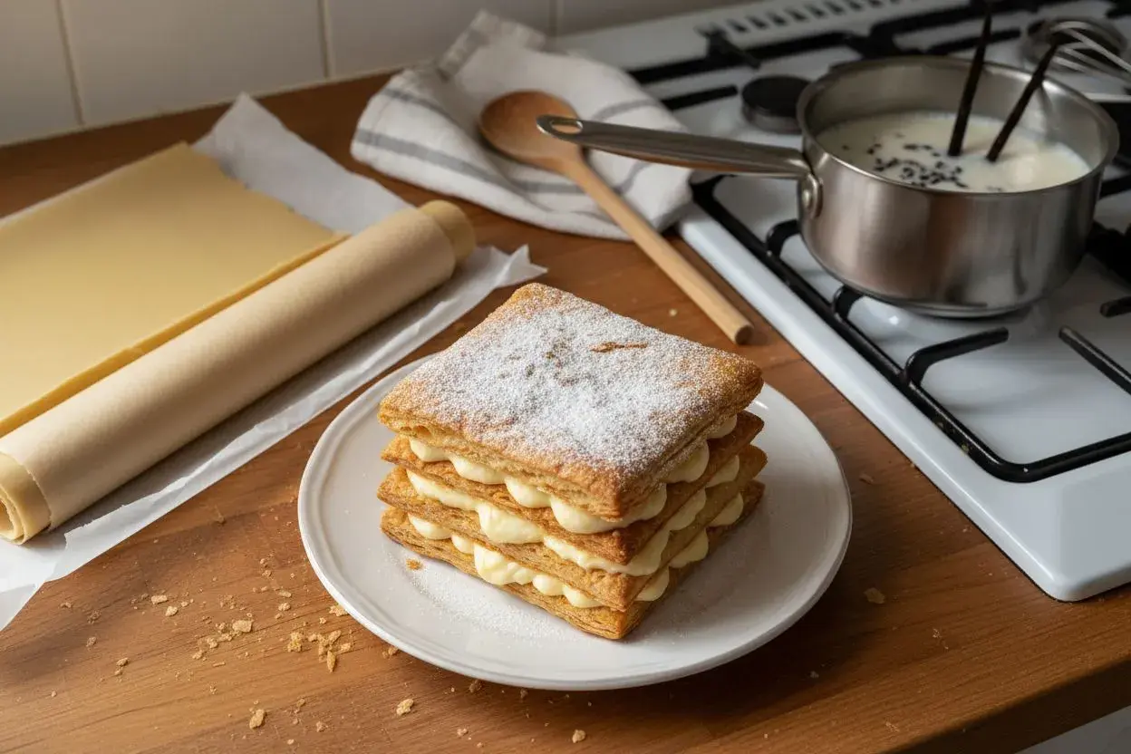 Un mille-feuille prêt à être dégusté, avec de la pâte feuilletée et de la crème pâtissière. On se demande si peut on faire un mille-feuille la veille pour un plaisir garanti.