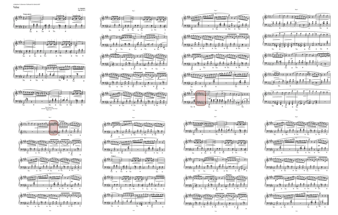 Partition de valse de Chopin, Op. 64 Nr 2. Les notes indiquent comment trouver la tonalité du morceau.