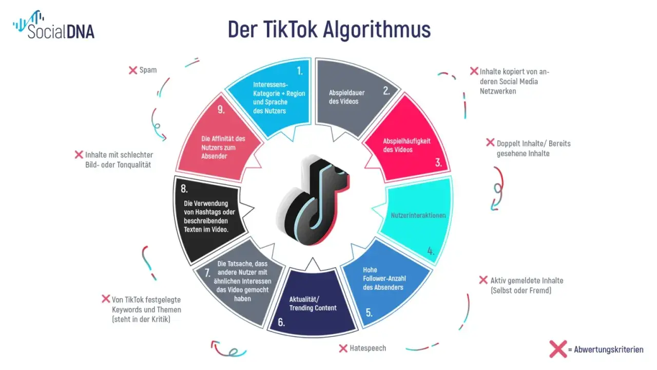Der TikTok-Algorithmus erklärt, was Social Media ist: Interessen, Wiedergabezeit, Interaktionen und mehr bestimmen die Sichtbarkeit.