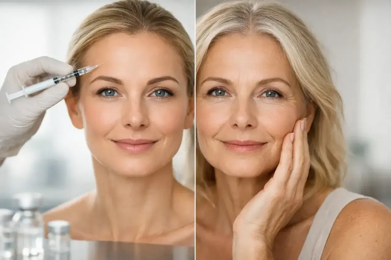 Före och efter-bilder visar en kvinna som får botox i pannan. Bilden till höger visar samma kvinna med mer åldrade drag.