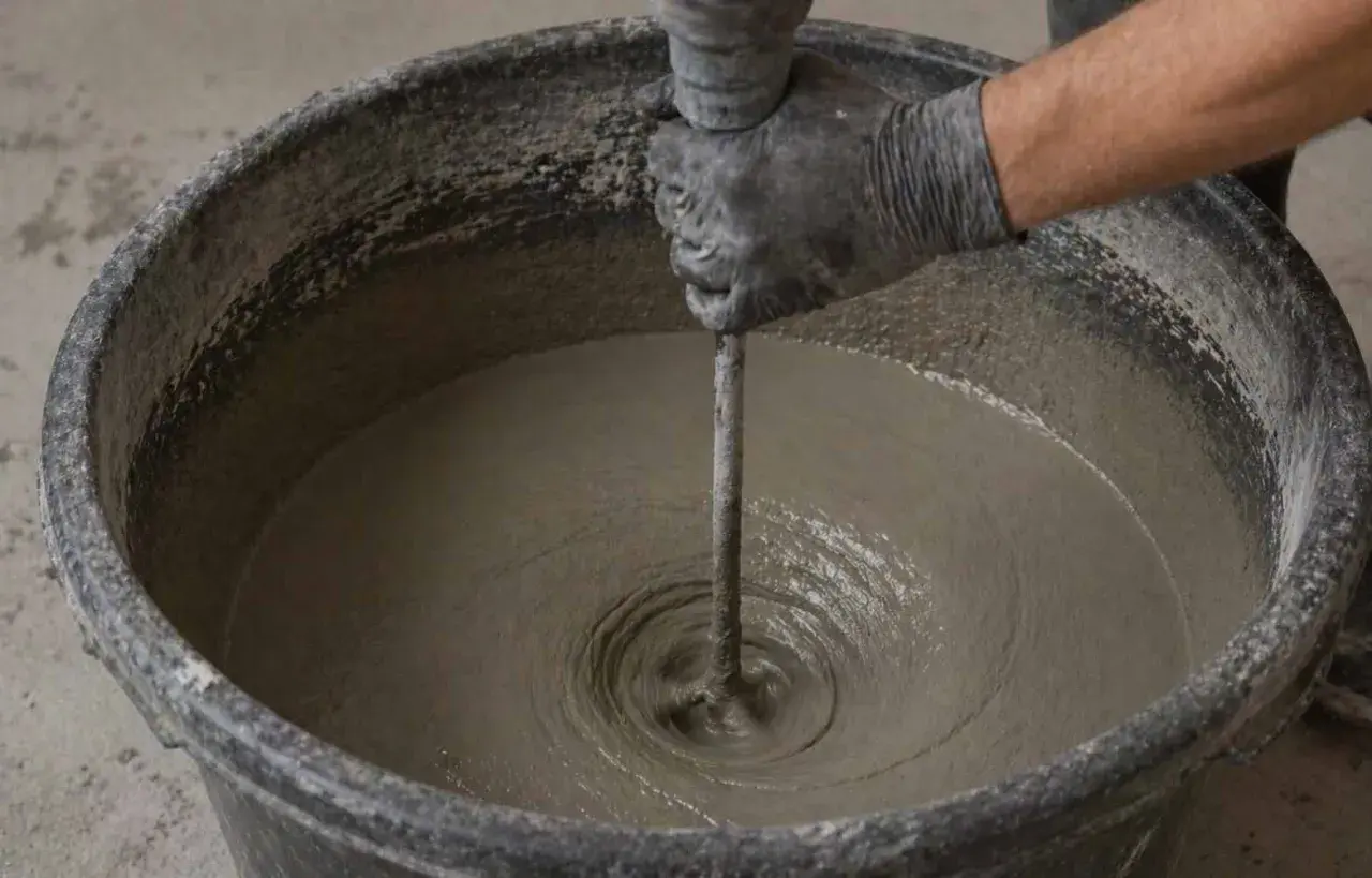Mano guantata mescola cemento in un secchio, mostrando come fare il cemento per esterni.