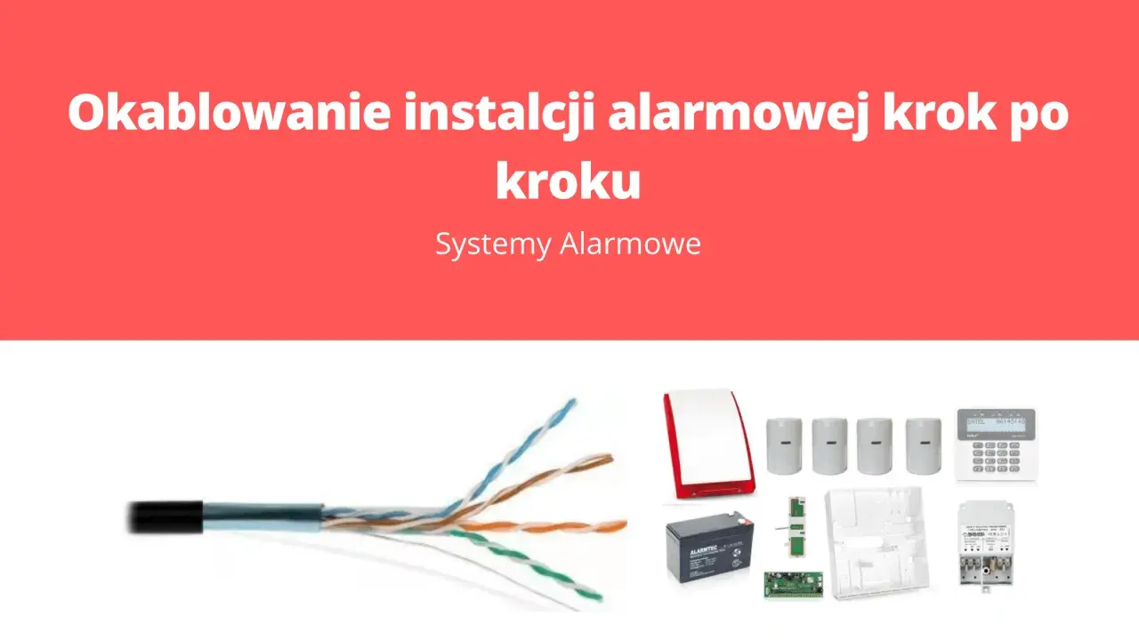 Kabel do czujek alarmowych, syrena, czujniki ruchu, akumulator, centrala alarmowa i klawiatura – elementy systemu zabezpieczeń.