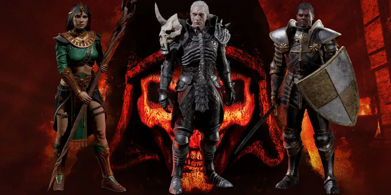 Trzy ikoniczne diablo 2 postacie: Amazonka, Nekromanta i Paladyn, stoją na tle płonącego symbolu.