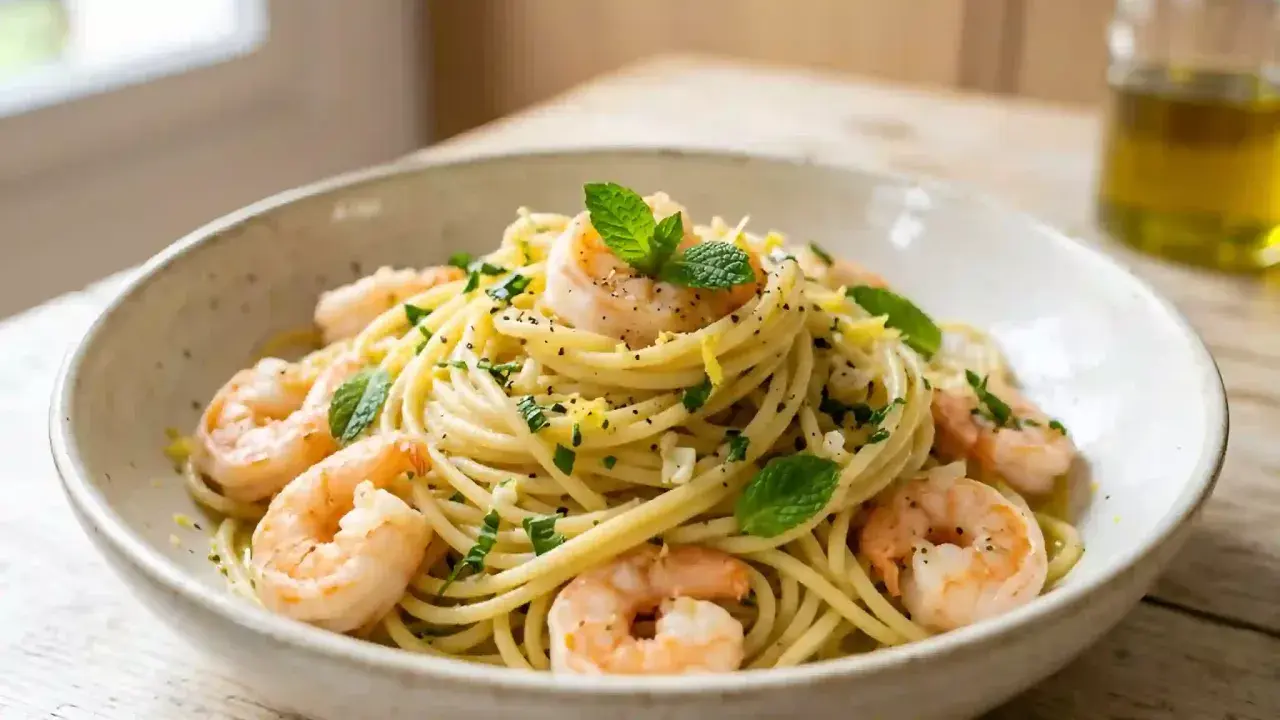 Un plat de spaghetti aux crevettes, garni de menthe fraîche et de zeste de citron, prêt à être dégusté.
